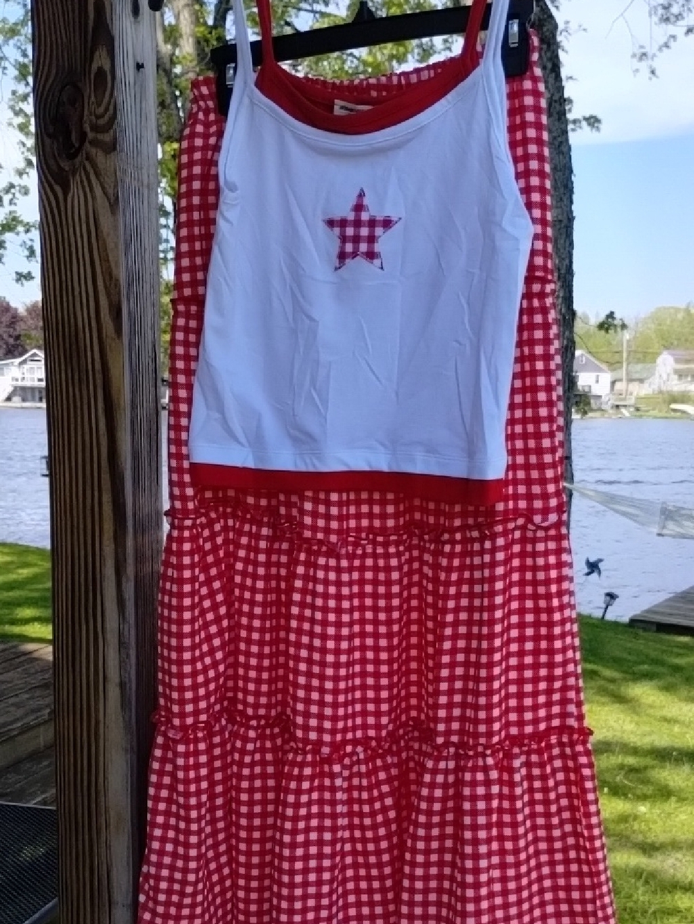 Red Gingham Maxi Skirt with White Red Star Tank